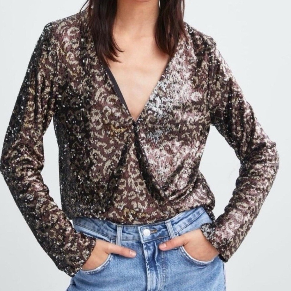Zara Metallic Sequin Blouse in Black and Brown
